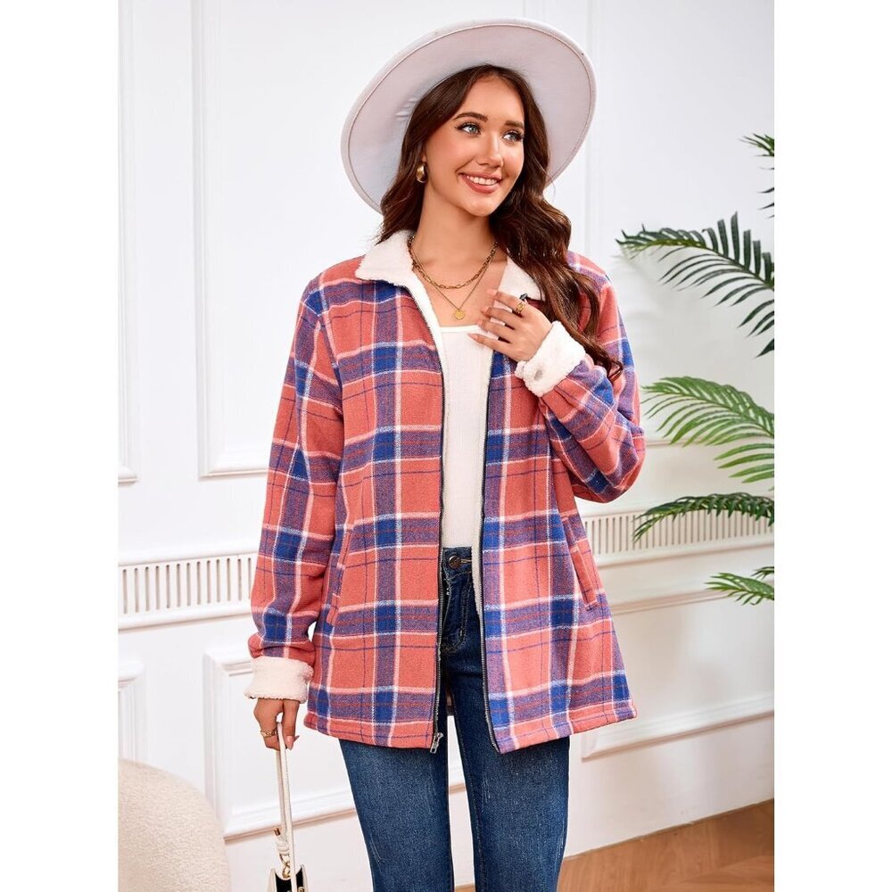 Women's Lined Red/Blue Fleece Flannel Collar Vest Shirt Jackets Zip Closures - Picture 5 of 7